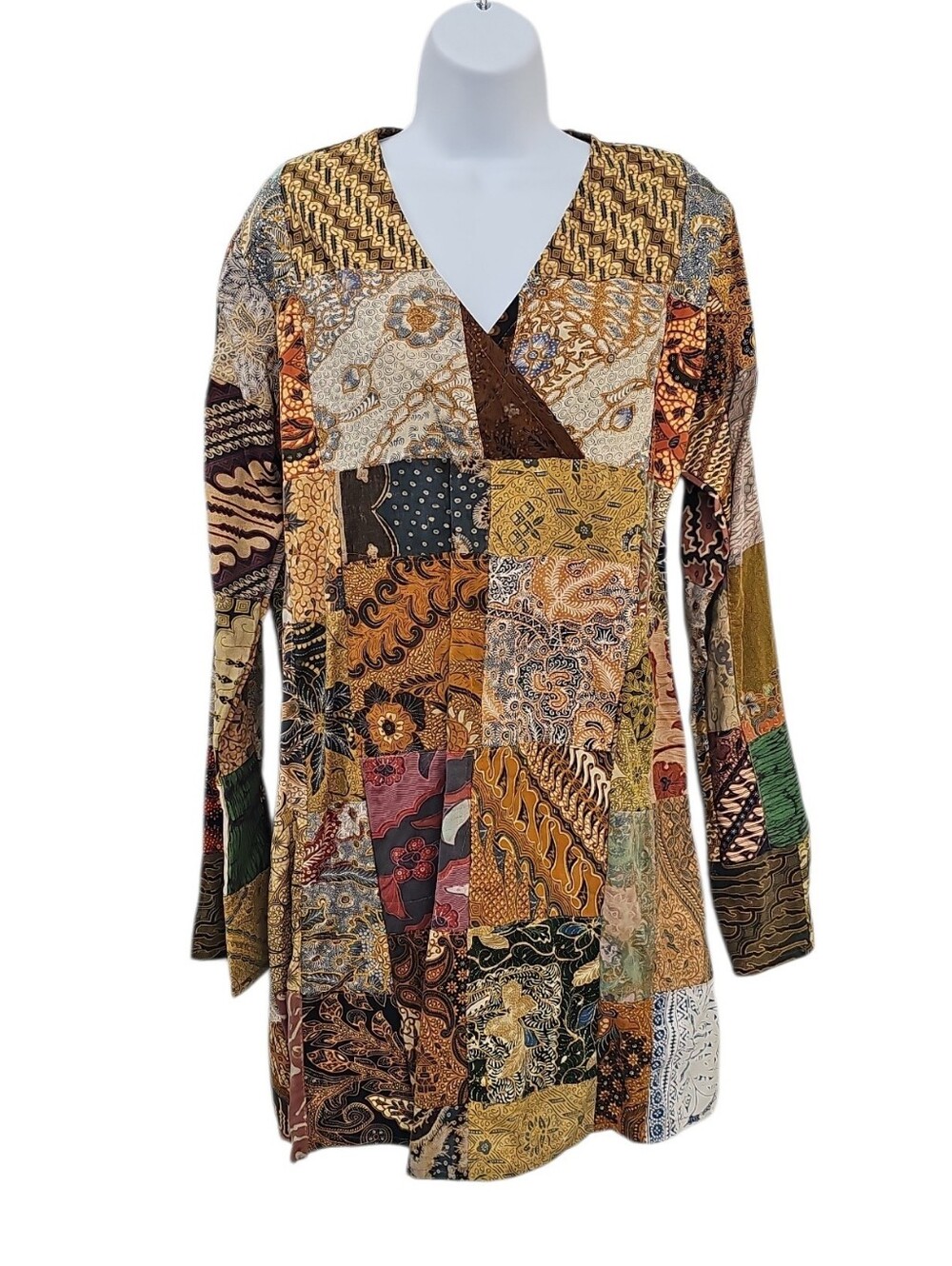 NWT Jaded Gypsy Patchwork Dress Women Size M L Tan Long Sleeve VNeck Multi Color